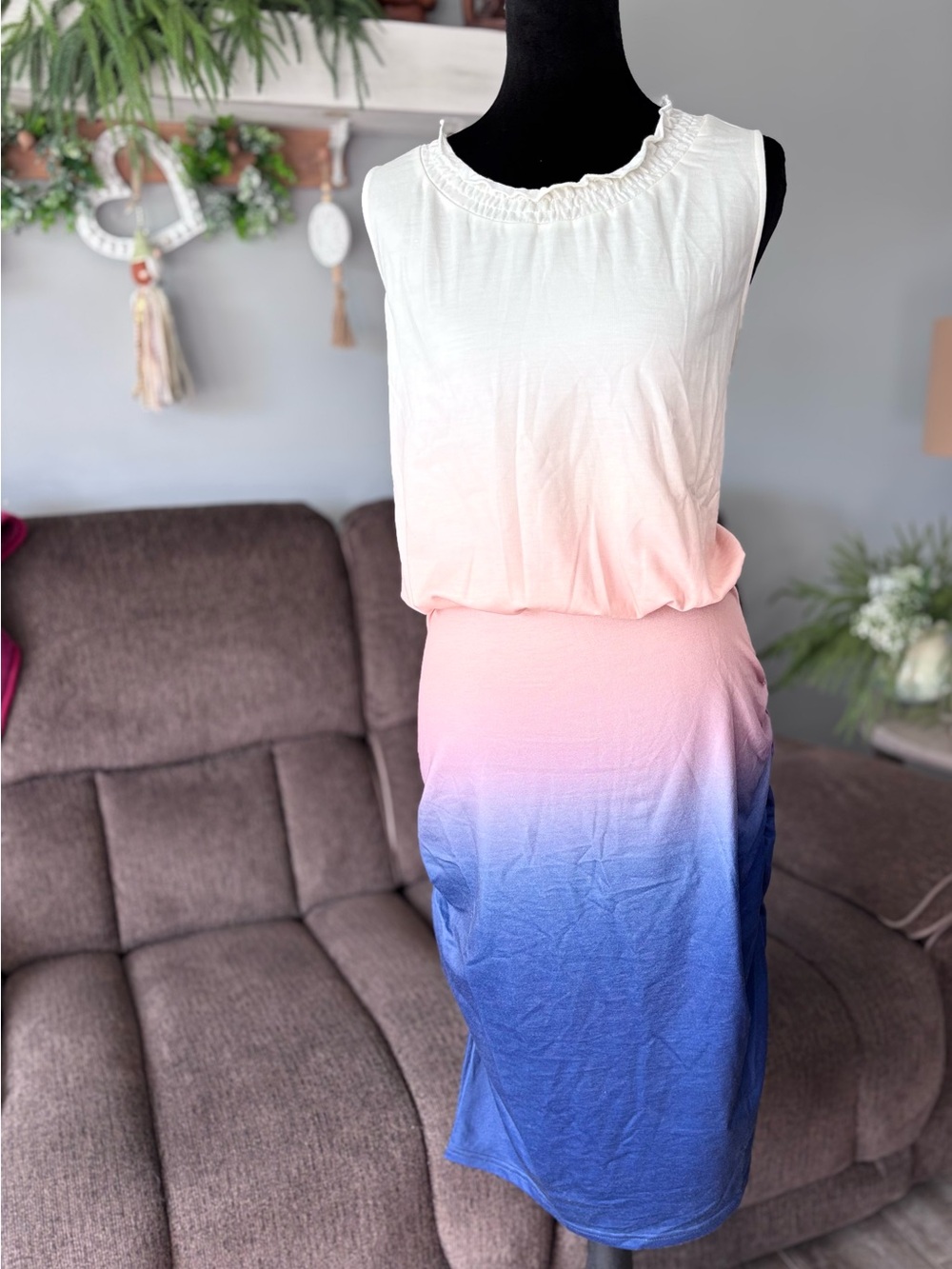 Grace Karin White to Pink to Blue Ombre Sleeveless Midi Dress